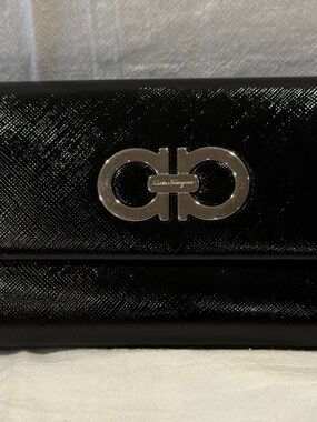 Salvatore Ferragamo Black Saffiano Leather Clutch/Wallet with Silver Gancini